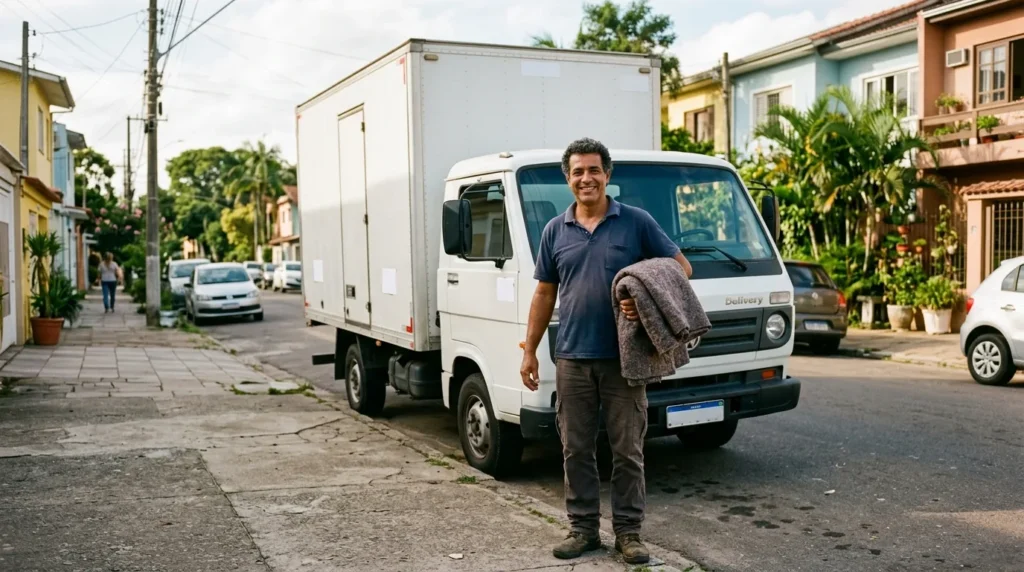 Carreteiro ao lado do caminhão pronto para atender um carreto perto de você em Mogi Guaçu e região