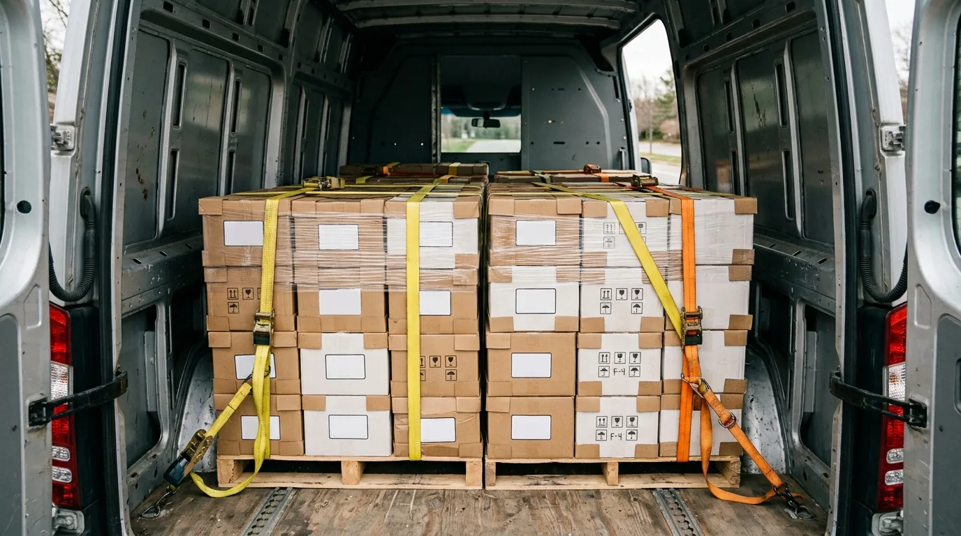 Caixas de porcelanato empilhadas e presas com cinta dentro da van, transporte de material frágil em Mogi Guaçu, Mogi Mirim e região