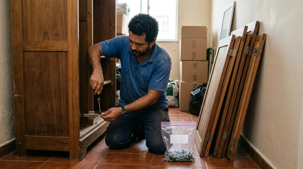 Trabalhador desmontando um guarda-roupa com chave de fenda durante a mudança, ferragens num saquinho, em Mogi Guaçu, Mogi Mirim e região