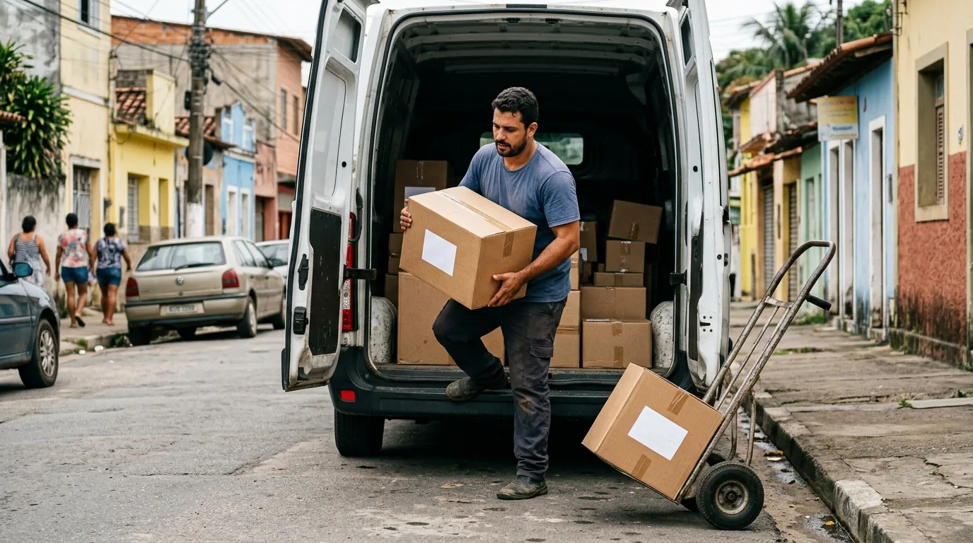 Trabalhador carregando caixa lacrada na van para uma entrega rápida no mesmo dia em Mogi Mirim