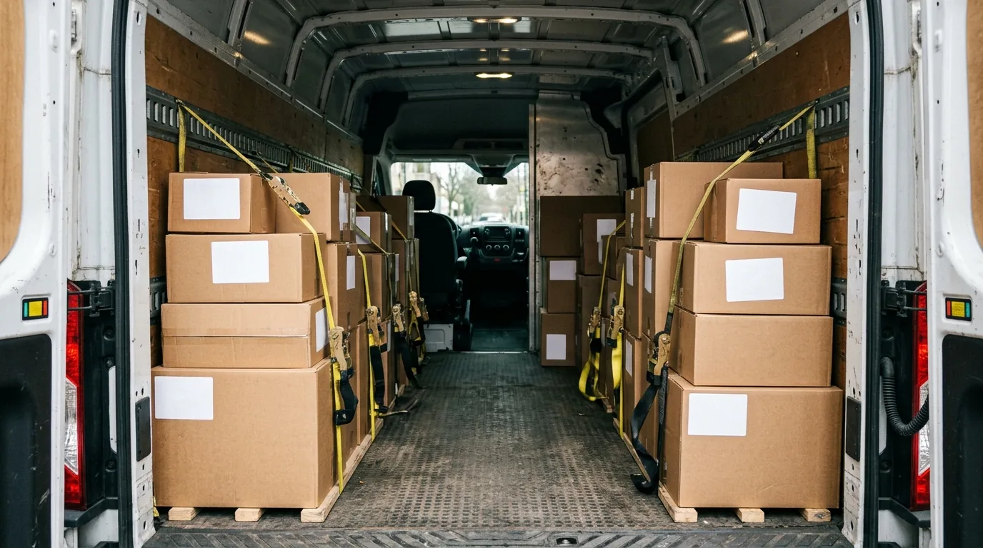 Interior da van com caixas separadas por entrega e presas com cinta para lojas e comércios de Mogi Mirim
