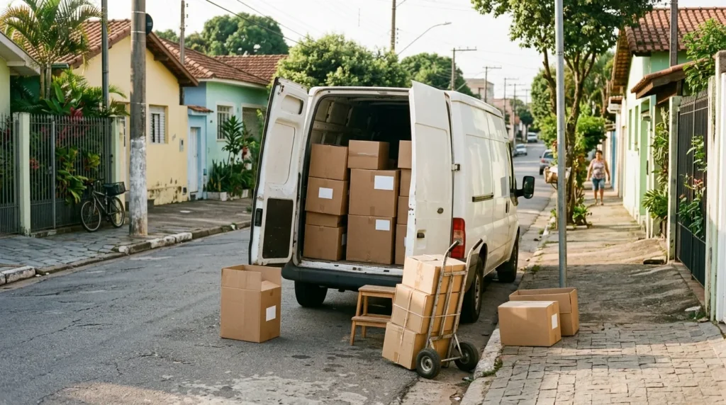 Van de entrega branca com portas abertas e caixas prontas para um frete no mesmo dia em Mogi Mirim e região