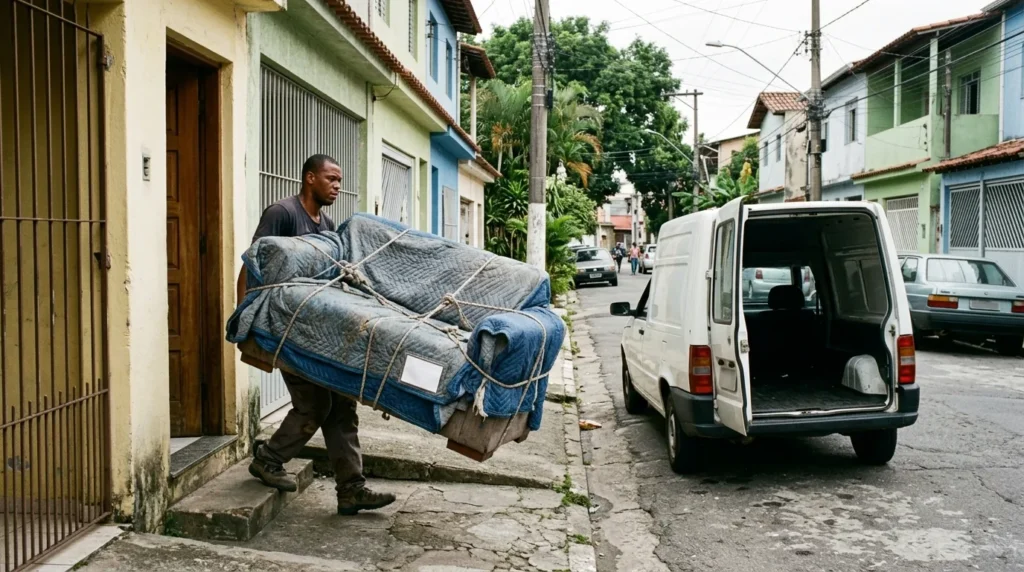Trabalhador carregando sofá usado embalado da casa para a van, frete de móvel comprado pela internet em Mogi Guaçu, Mogi Mirim e região