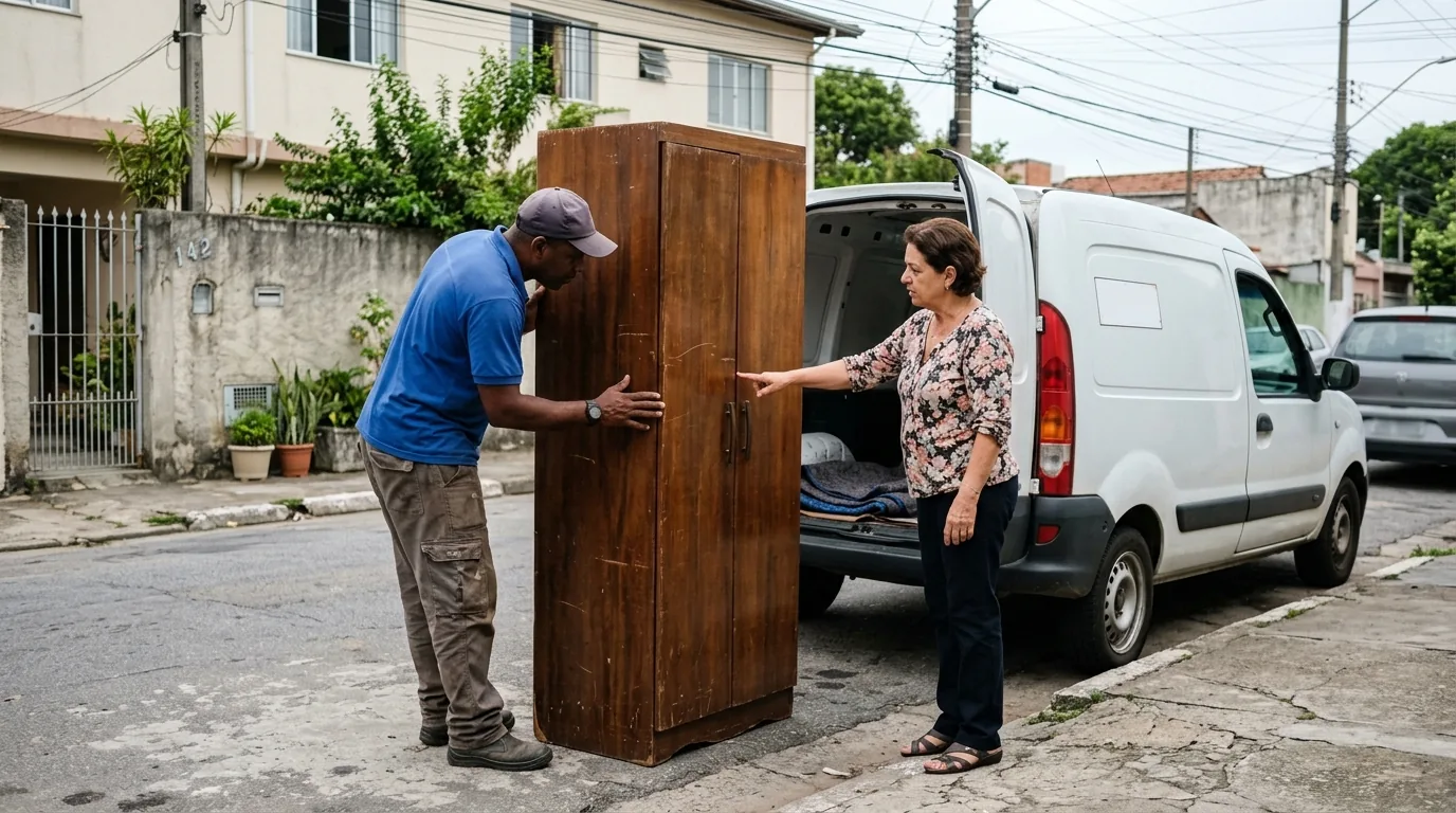 Trabalhador e cliente conferindo um guarda-roupa usado ao lado da van antes de carregar em Mogi Guaçu, Mogi Mirim e região