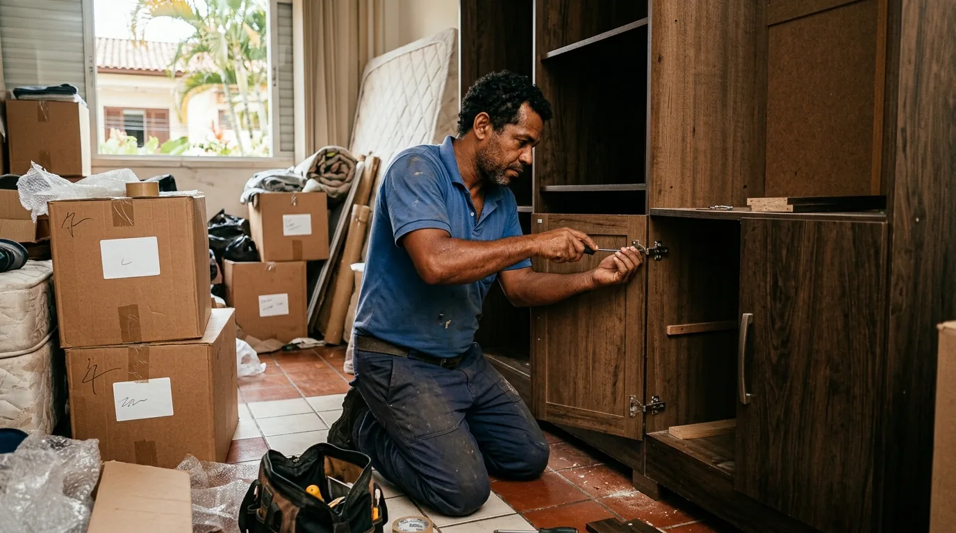 Trabalhador montando o guarda-roupa de novo no cômodo novo após a mudança em Mogi Guaçu, Mogi Mirim e região