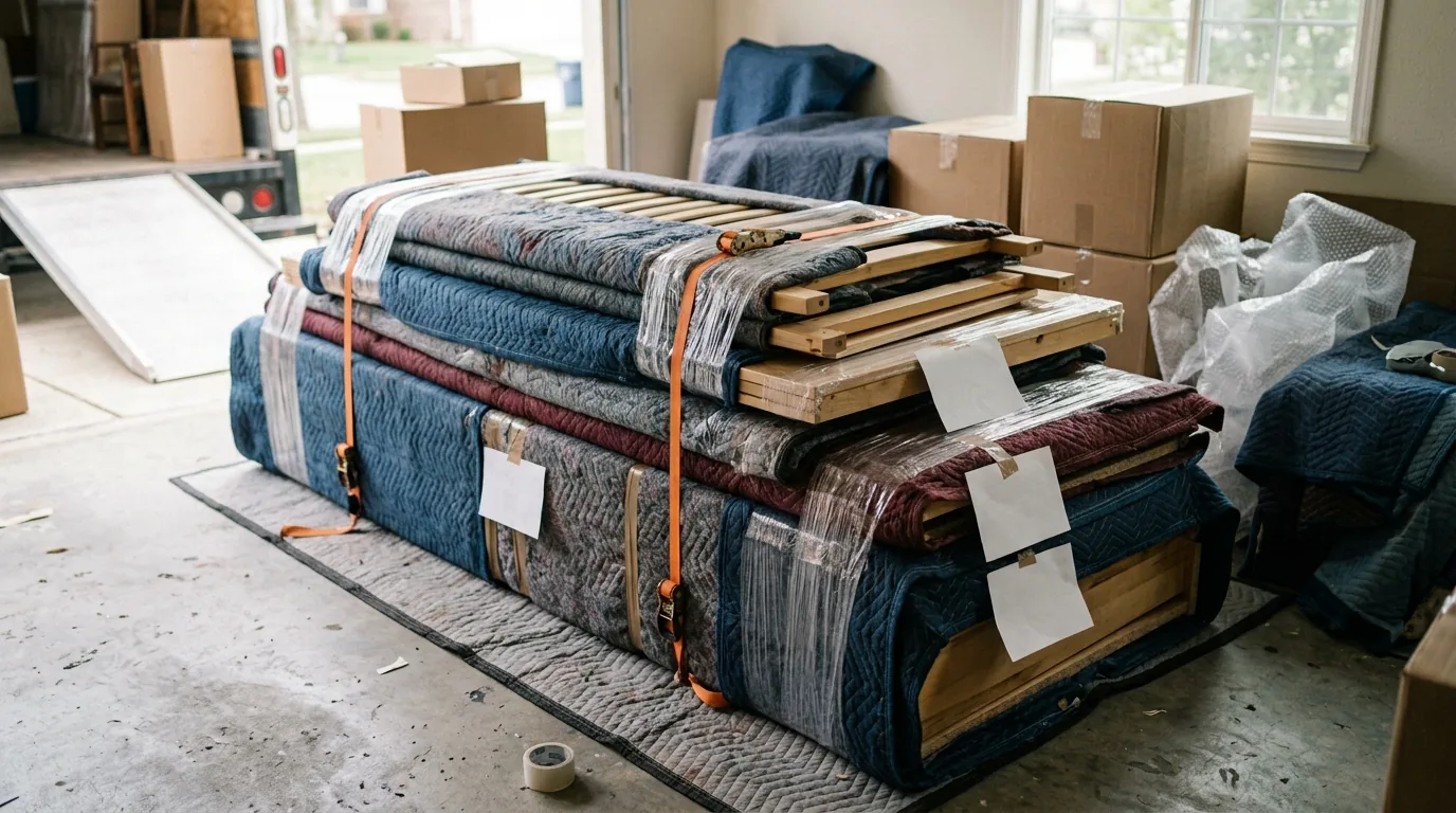 Painéis de guarda-roupa e estrado de cama desmontados, embalados e empilhados para a mudança em Mogi Guaçu, Mogi Mirim e região