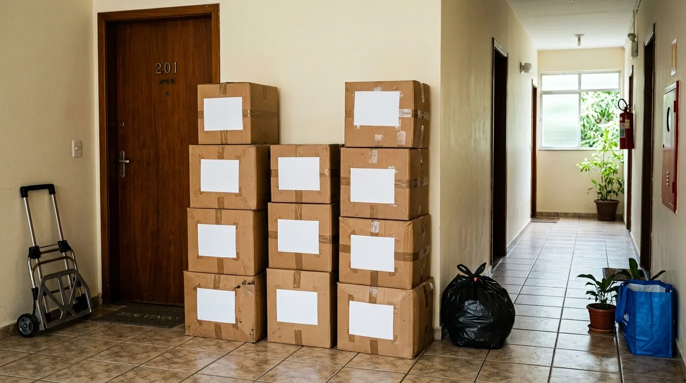 Caixas de mudança etiquetadas por cômodo empilhadas perto da porta do apartamento em Mogi Guaçu, Mogi Mirim e região