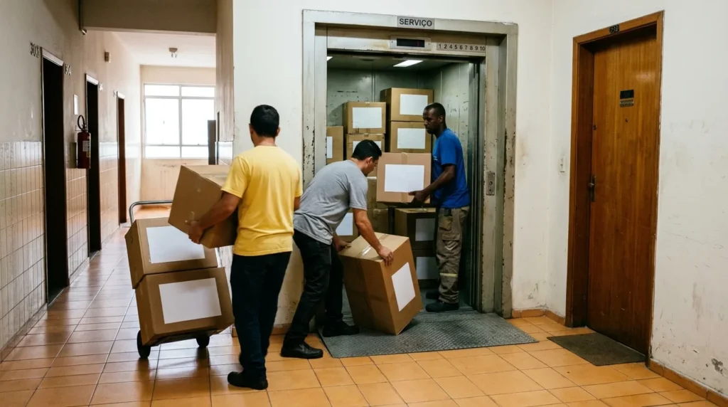 Equipe levando caixas etiquetadas para o elevador do prédio numa mudança de apartamento em Mogi Guaçu, Mogi Mirim e região
