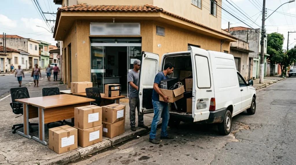 Móveis de escritório e caixas etiquetadas com computador sendo carregados na van para mudança comercial em Mogi Guaçu, Mogi Mirim e região