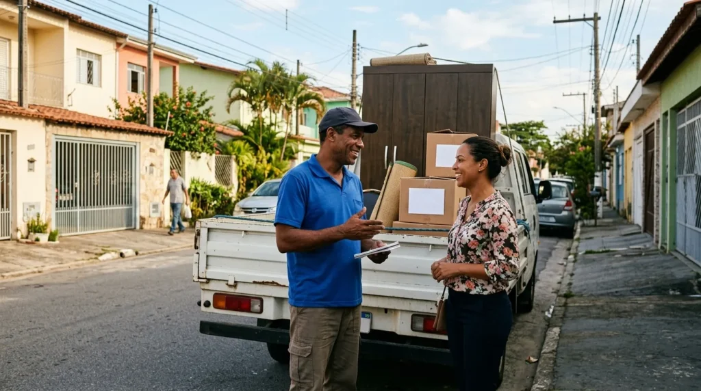 Carreteiro conversando o orçamento com o cliente ao lado do caminhão carregado, valor fechado de carreto em Mogi Guaçu e região