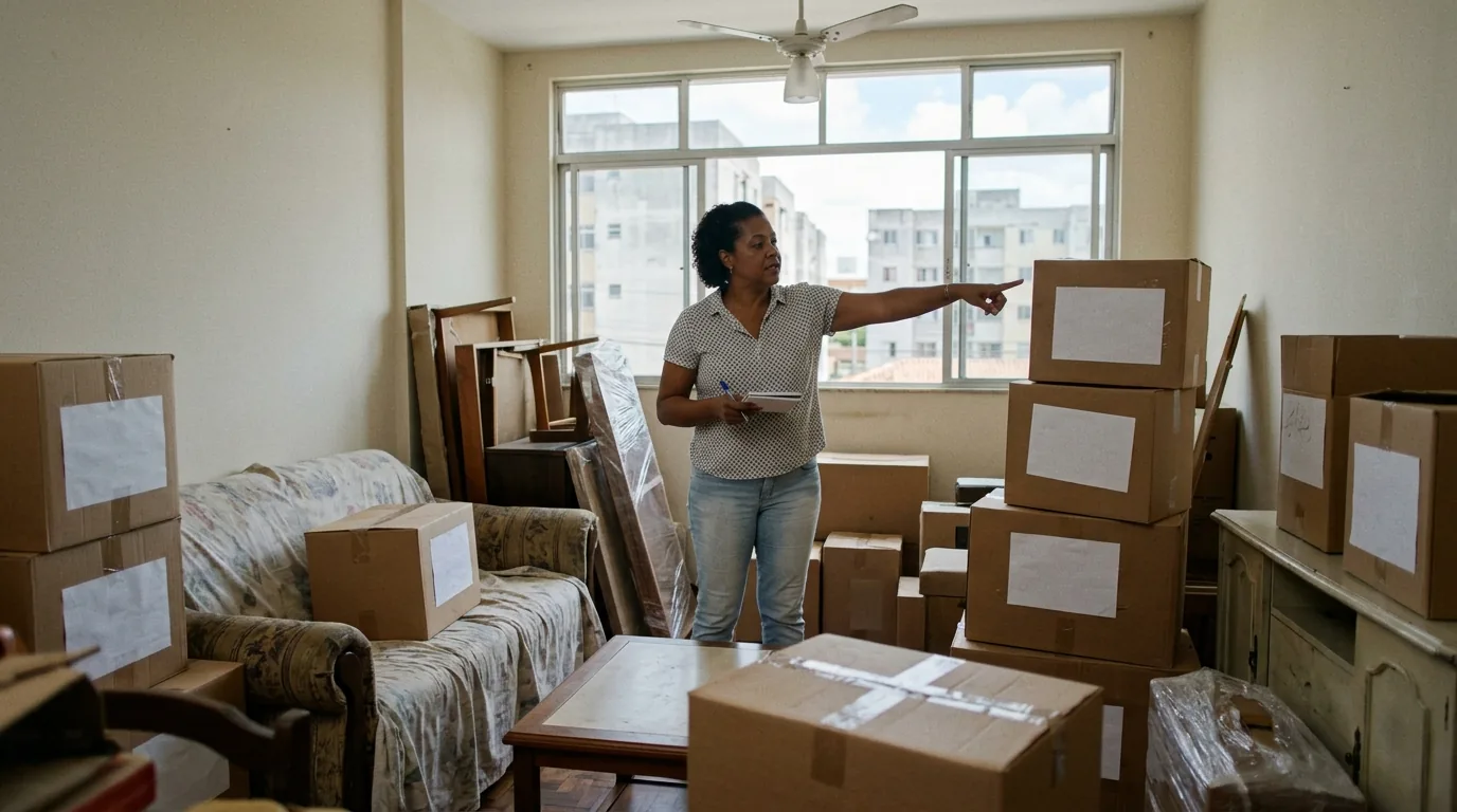 Móveis e caixas organizados na sala prontos para a mudança enquanto se estima o tamanho do caminhão