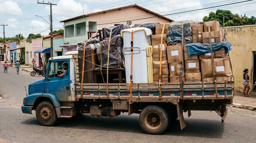 Caminhão carregado com móveis, eletrodoméstico e caixas de mercadoria comum presos com cinta para transporte seguro em Mogi Guaçu e região
