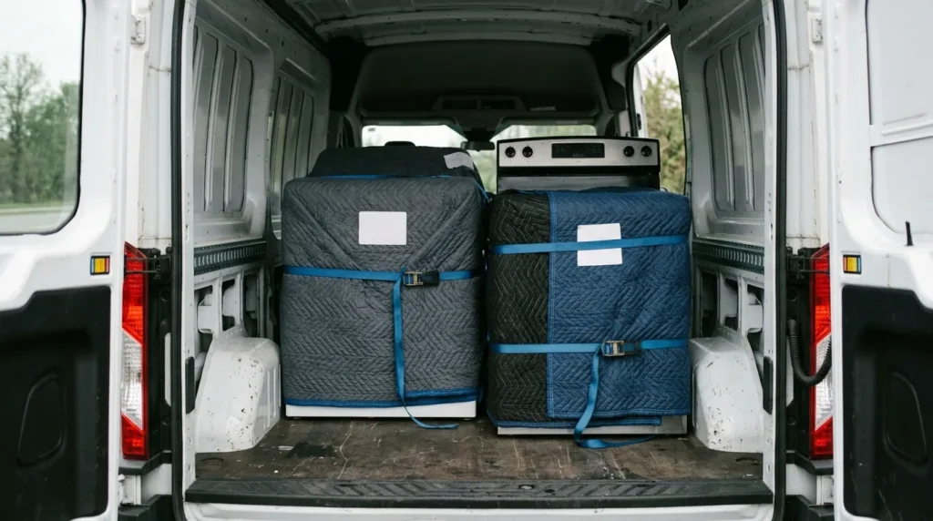 Máquina de lavar e fogão embalados em manta e presos em pé dentro da van para transporte em Mogi Guaçu, Mogi Mirim e região