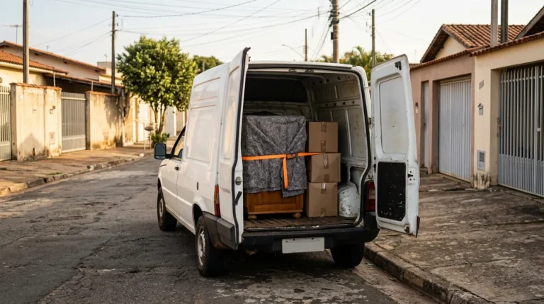 Fiorino branca de portas abertas com cômoda envolvida em manta e caixas presas por cinta, carreto em Mogi Mirim e Mogi Guaçu