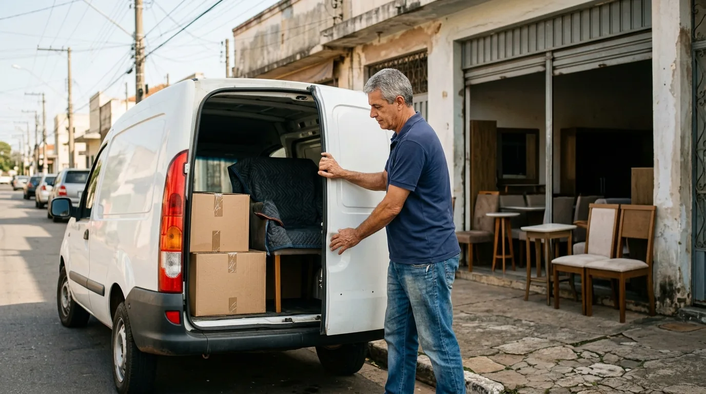 Motorista fechando a porta traseira da Fiorino com caixas e cadeira embaladas, frete agendado em Mogi Mirim