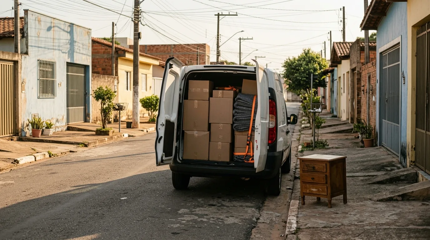 Furgão branco com portas traseiras abertas carregado de caixas e mantas numa rua residencial de Mogi Guaçu