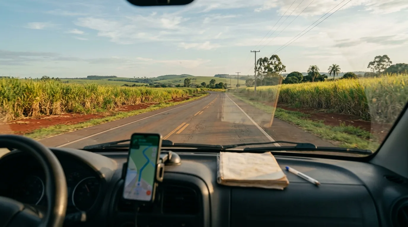 Vista do painel do furgão numa rodovia entre canaviais, com celular mostrando a rota do frete entre Mogi Guaçu e Mogi Mirim