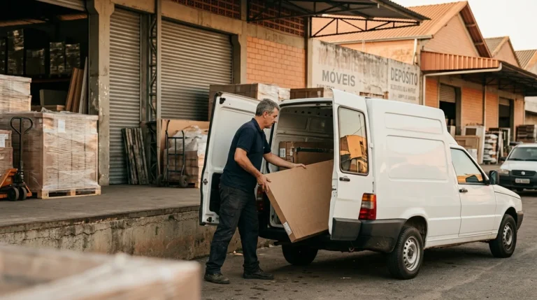 Motorista carregando uma caixa grande na van no pátio de uma loja de móveis, frete para retirada em loja em Mogi Guaçu