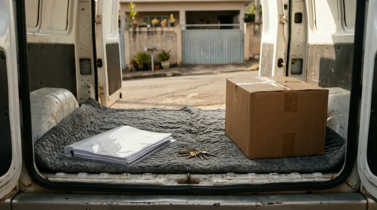 Pasta de documentos, chaves e caixa de mudança no baú de uma van em frente a uma casa em Mogi Guaçu, organização da mudança de endereço