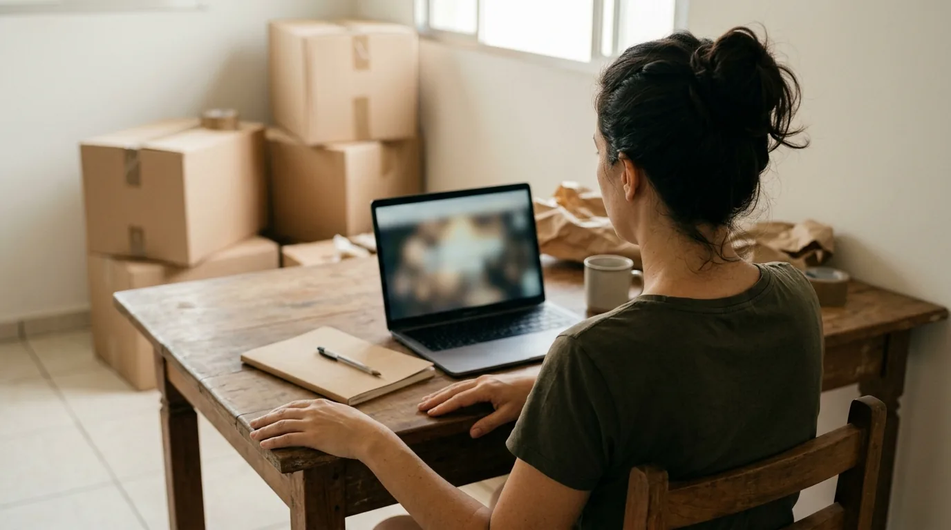 Mulher atualiza cadastros no notebook na mesa da cozinha cercada de caixas, logo após a mudança de casa em Mogi Mirim