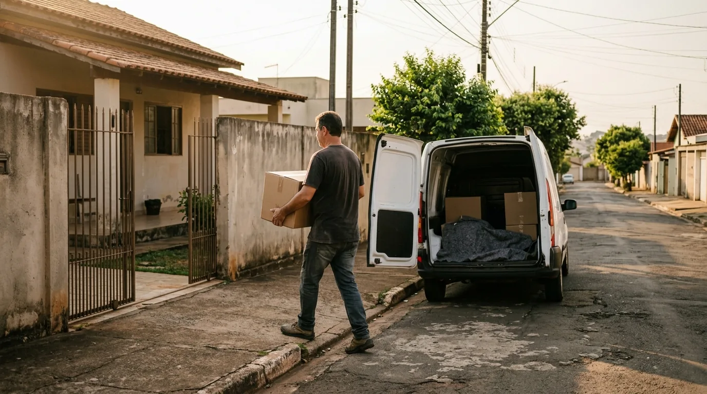 Homem leva caixa de mudança da van branca para o portão de uma casa em Mogi Guaçu no fim da tarde