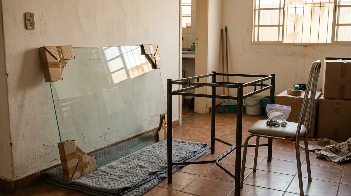 Tampo de mesa de vidro separado da base de metal e apoiado em pé sobre manta, preparação para frete em Mogi Guaçu
